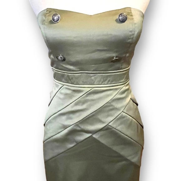 Rhapsody NWT Womens Olive Green Body-Con Strapless Military Mini Satin Dress S/P - Picture 2 of 11